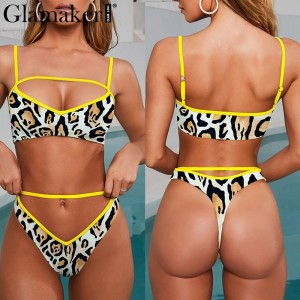 Hollow out V neck sexy bodycon bodysuit Leopard yellow beach swimsuit female two piece suit Black Khaki Red White
